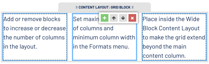 screenshot of the Grid Block content layout during editing showing the add, delete, and reorder controls.