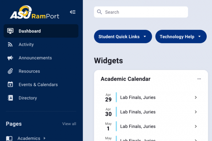 RamPort Student Dashboard screenshot of the RamPort student dashboard