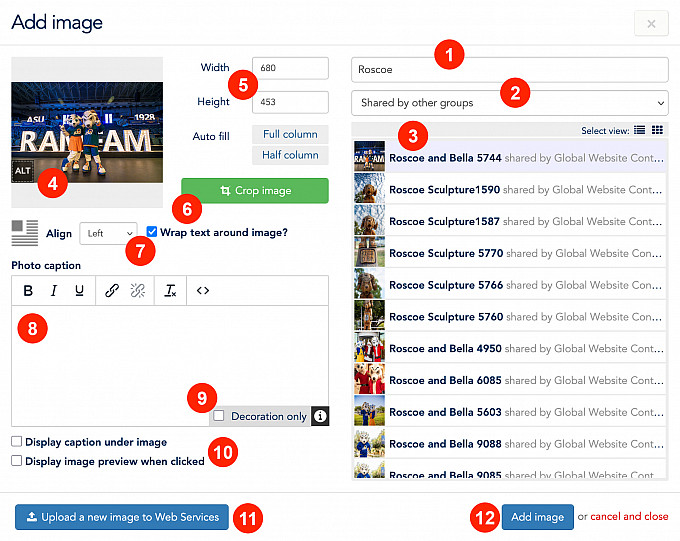 Screenshot of the LiveWhale Image Dialog with each feature numbered