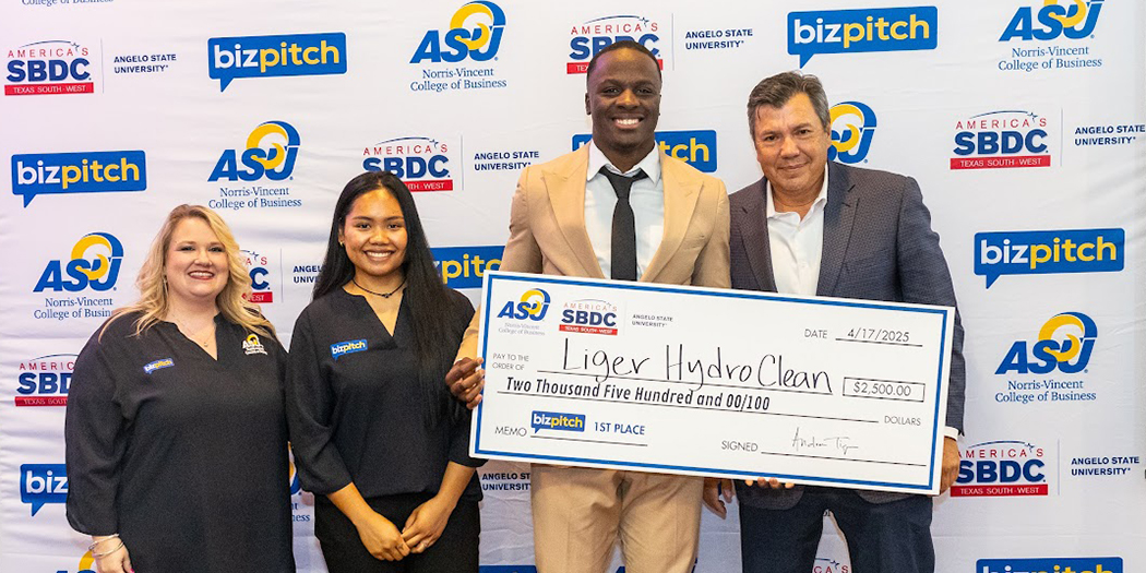 Angelo State BizPitch Contest winner Eugene Liger III holding a ceremonial large check with ASU SBDC officials