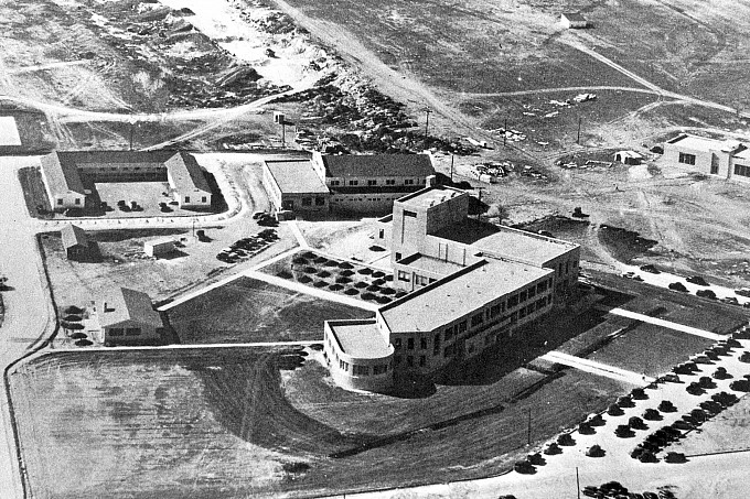 Aerial view of three buildings on Angelo State's campus in 1948.