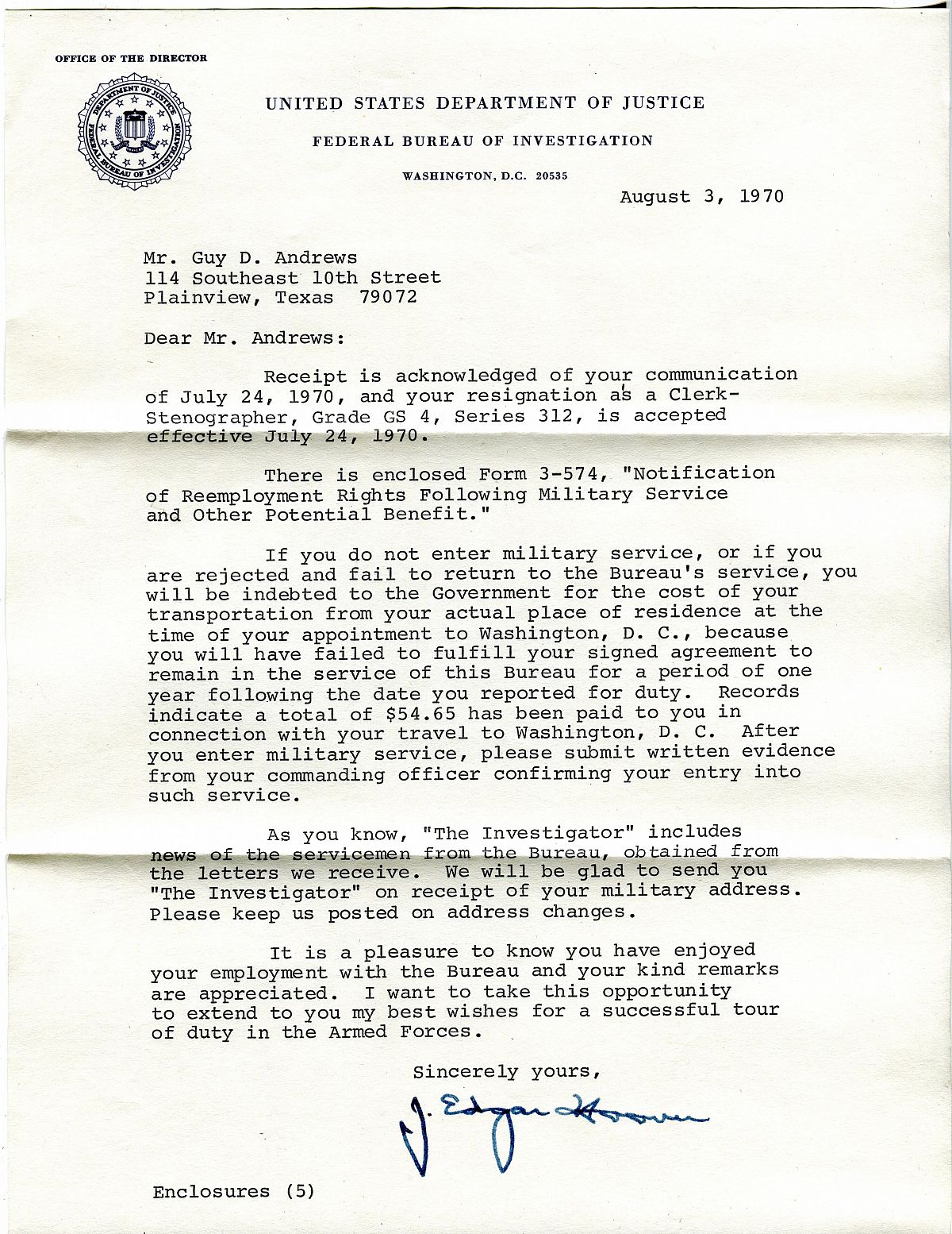Letter from J. Edgar Hoover