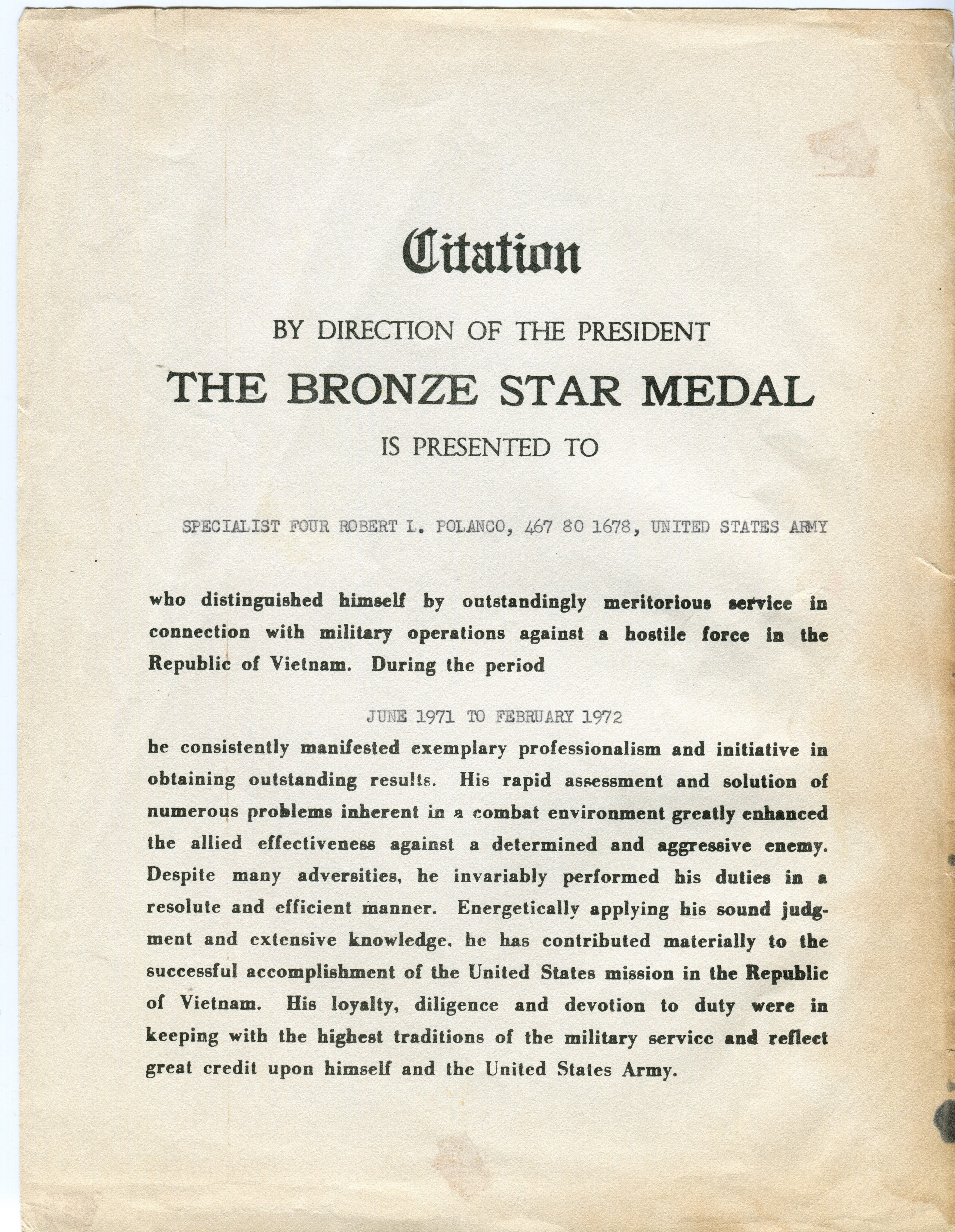 Citation of Bronze Star Medal
