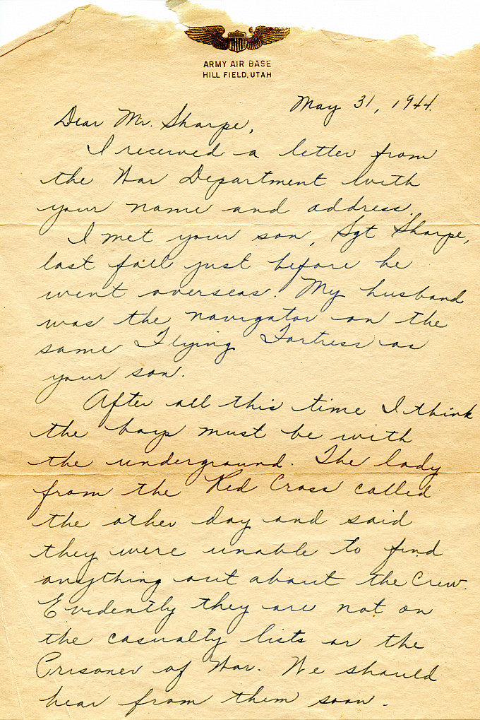 Letter from Beverly Alexander, wife of Charles Alexander, another member of the 91st Bombardment Group, to Mr. George Sharpe.