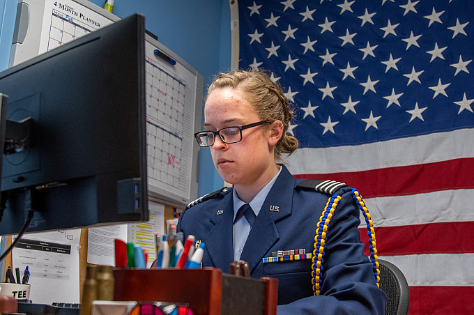 ROTC cadet Hope Jenson working on a computer.