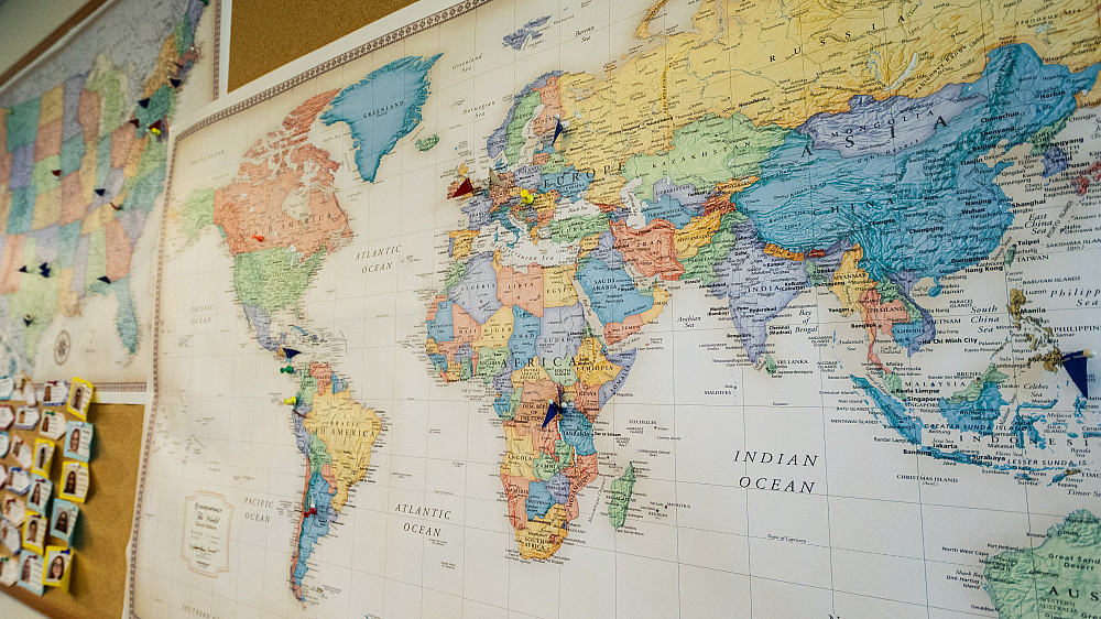 A map of the world hanging in the ASU honors lounge.