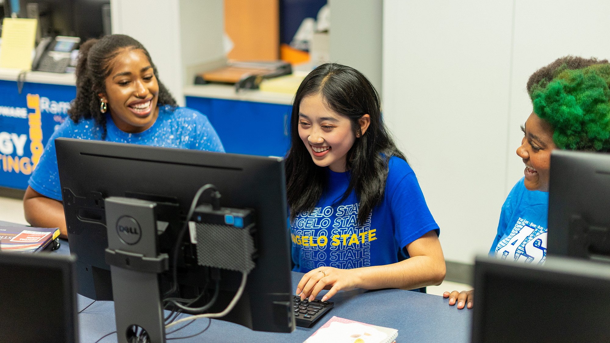 Three students working at the computer lab at Angelo State University