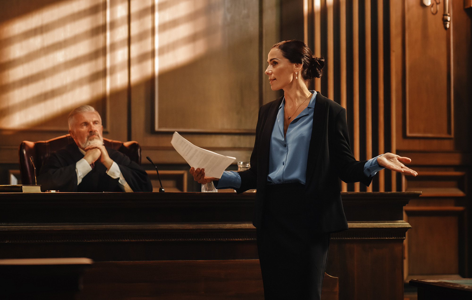 A lawyer presenting her case to a judge
