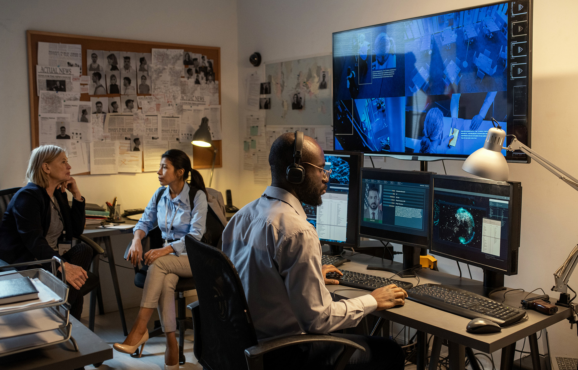 Young African American FBI agent sitting in front of computer monitors and screen in office while watching security camera records